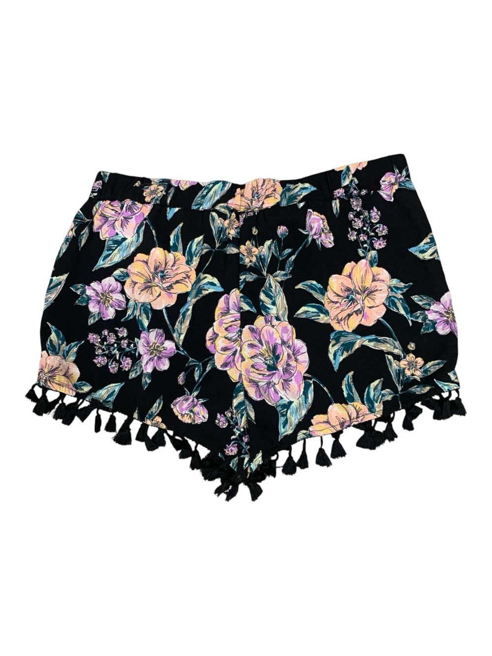 Fresh Water Black Pink Floral Pull Up Shorts Tassels Cover Up‎ Lounging Large
